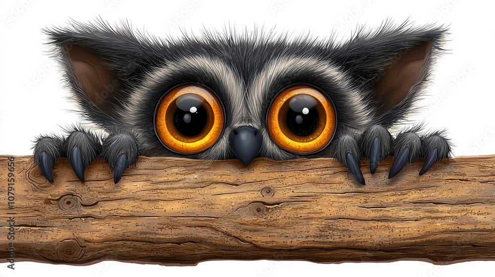 Poster a close-up of a raccoon perched on a tree branch, displaying large eyes and sharp claws on its face