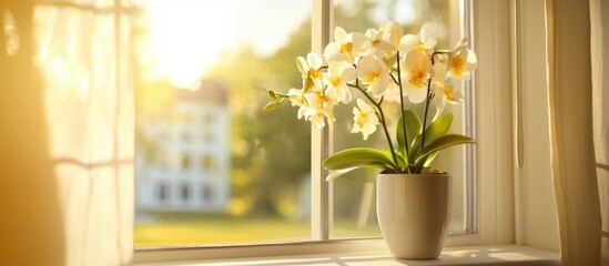Close up of vibrant orchid flowers blooming on a sunlit window sill adding a touch of elegance to indoor decor