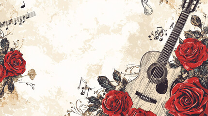 Acoustic guitar with red roses and musical notes on vintage background representing love music and nostalgia