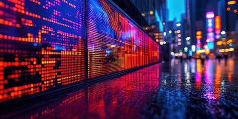 Obraz premium A vibrant LED display in a bustling city at night, reflecting the neon lights and creating a dazzling spectacle.