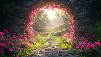 Obraz premium A stone archway covered in pink roses frames a path leading into a garden bathed in soft sunlight.