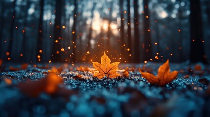 A single golden leaf lies on frosty ground with glowing embers floating around, set in a tranquil forest that highlights the beauty and magic of autumn season.