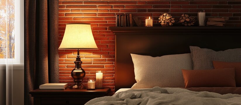 Charming bedside lamp elegantly placed atop a modestly decorated red brick fireplace enhancing cozy ambiance