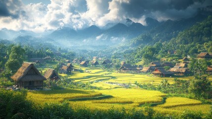 Obraz premium Tranquil Village Nestled in a Lush Green Valley with Golden Rice Fields and a Misty Mountain Background