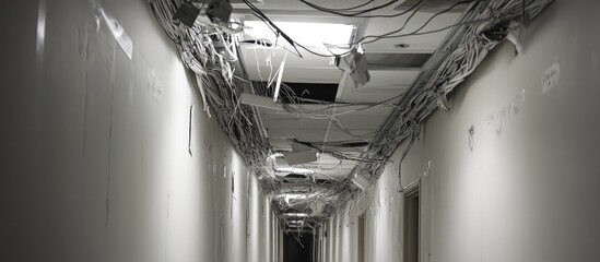 Ceiling repair in a corridor revealing exposed wiring and lighting fixtures maintenance work in progress