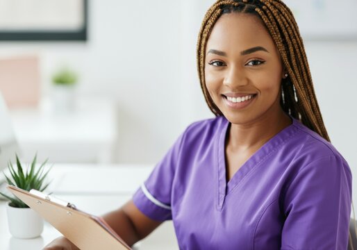 Smiling Black nurse in purple scrubs holding clipboard in bright office environment