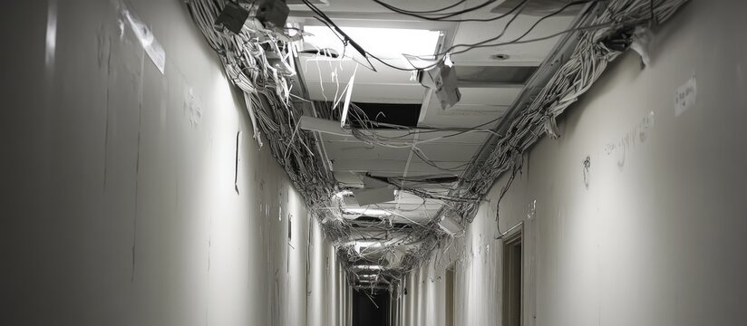 Ceiling repair in a corridor revealing exposed wiring and lighting fixtures maintenance work in progress