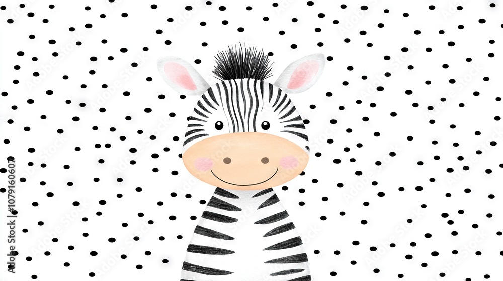 Poster zebra drawing on white background with polka dot pattern behind