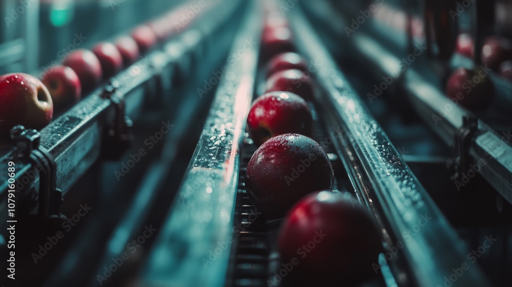 Poster discover the automation system in apple processing, featuring shiny red apples on conveyor belts for
