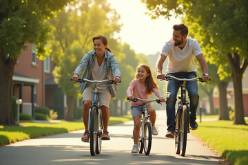 Family Enjoying a Sunny Day Biking in the Neighborhood