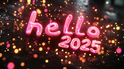 The words Hello 2025 are spelled out in bright pink neon lights, surrounded by twinkling gold lights, as if the new year is just beginning