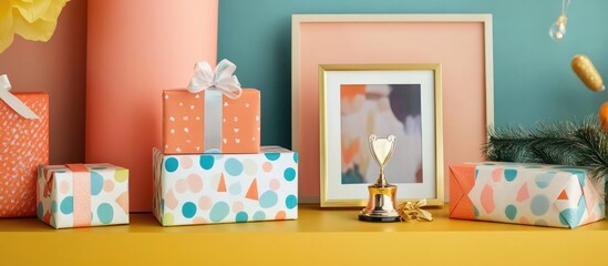 Colorful gifts and an award displayed alongside a photo frame perfect for congratulatory celebrations