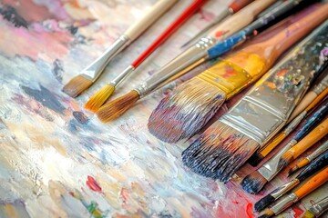 Obraz premium Color-smeared brushes on a painter's palette