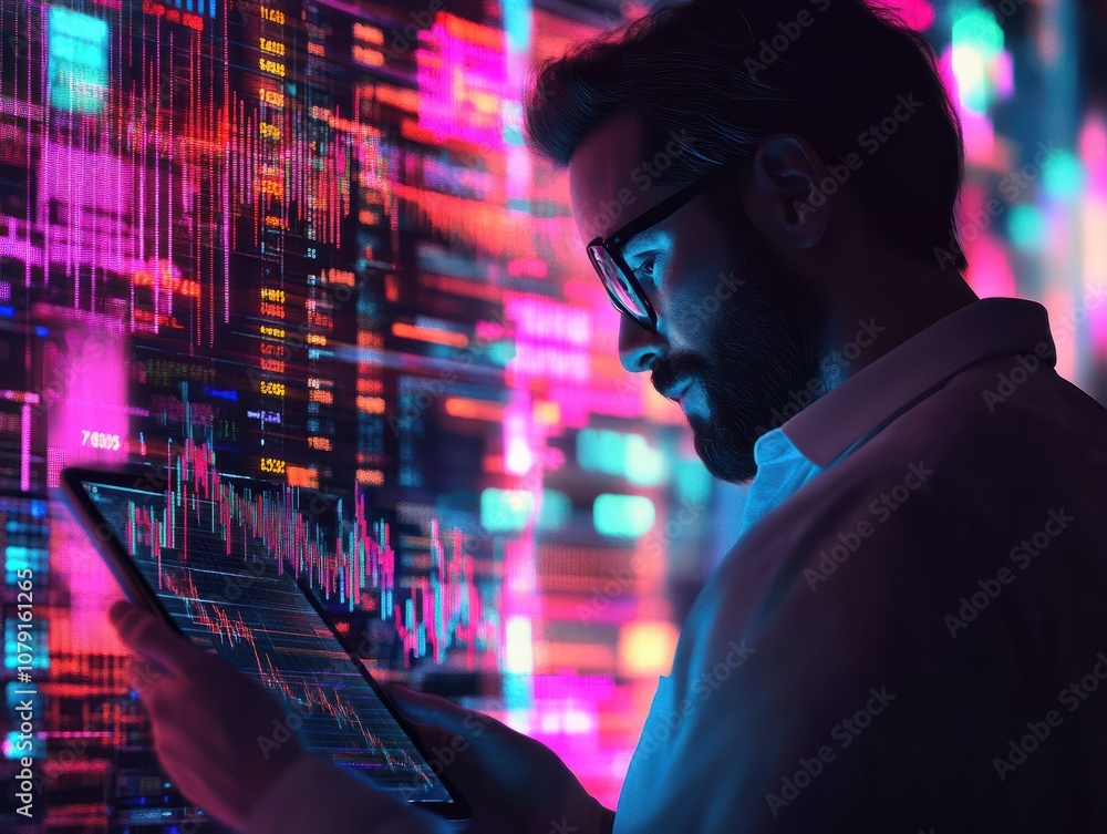 Poster man using tablet with stock market graph on background. generative ai.