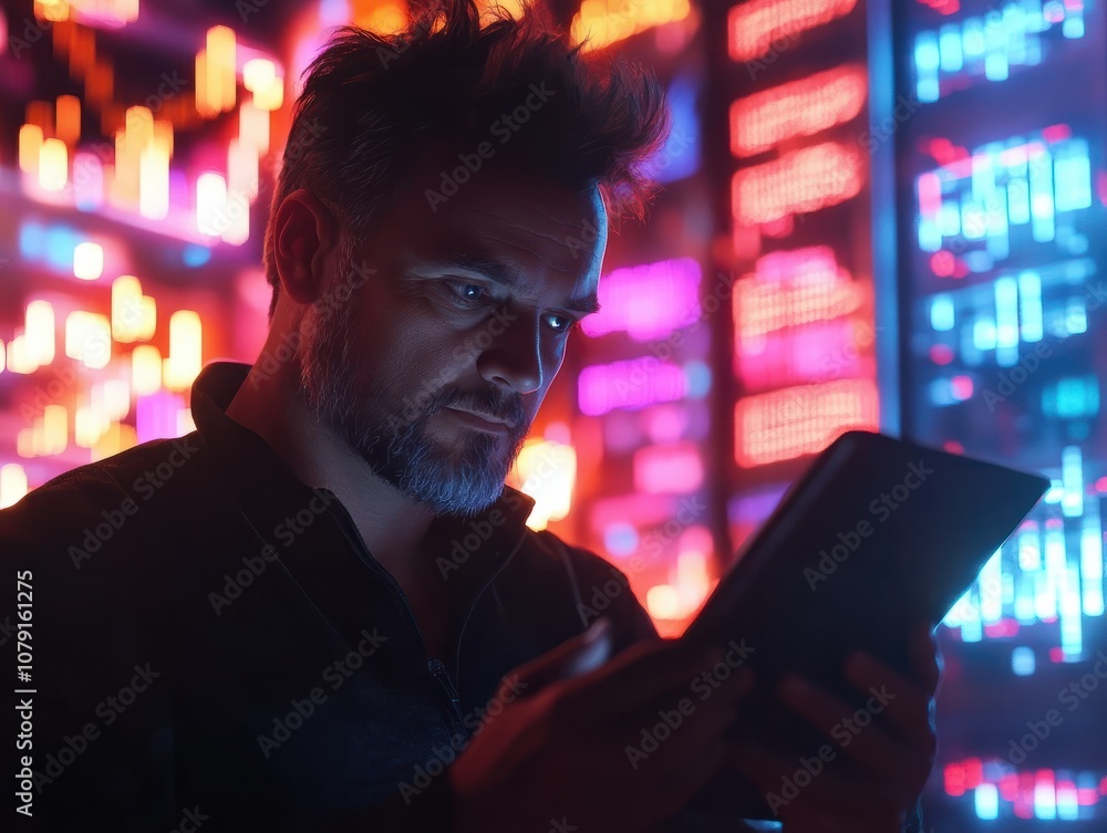 Poster man using tablet with stock market graph on background. generative ai.
