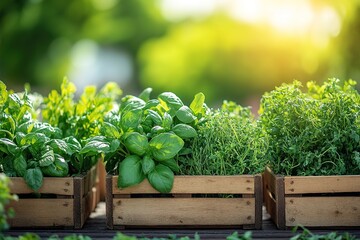 Fresh herbs in wooden crates with sunlight and greenery