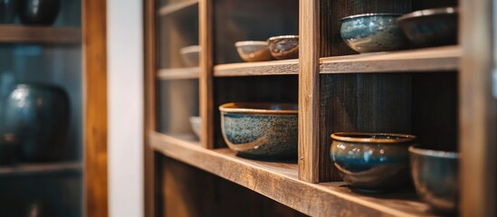 Close up view of an elegant wooden display case showcasing handcrafted pottery items perfect for retail or interior decor