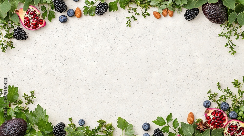 Poster overhead view of various fruits and vegetables on white surface with space for text or image