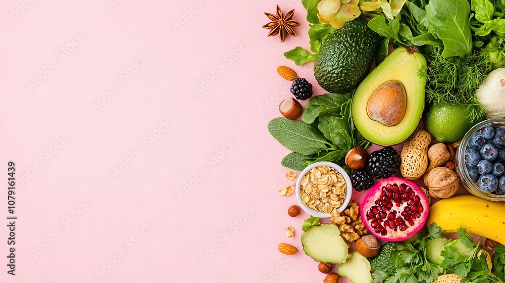 Poster a collection of various fruits and vegetables displayed on a pink backdrop with space for text above