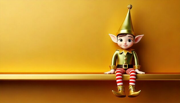 A cute elf toy sitting on a shelf on a golden wall background