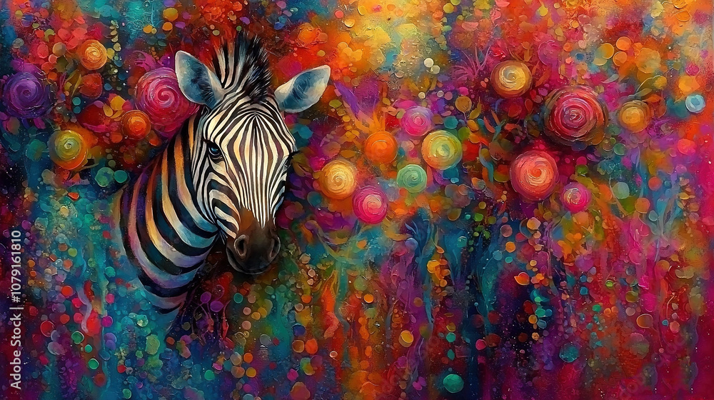 Poster zebra in multicolored background with circles on head