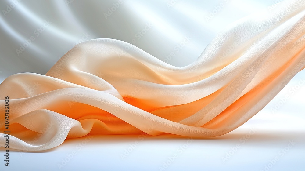 Poster an image of a flowing white and orange fabric on a light blue background with a soft and flowing fab