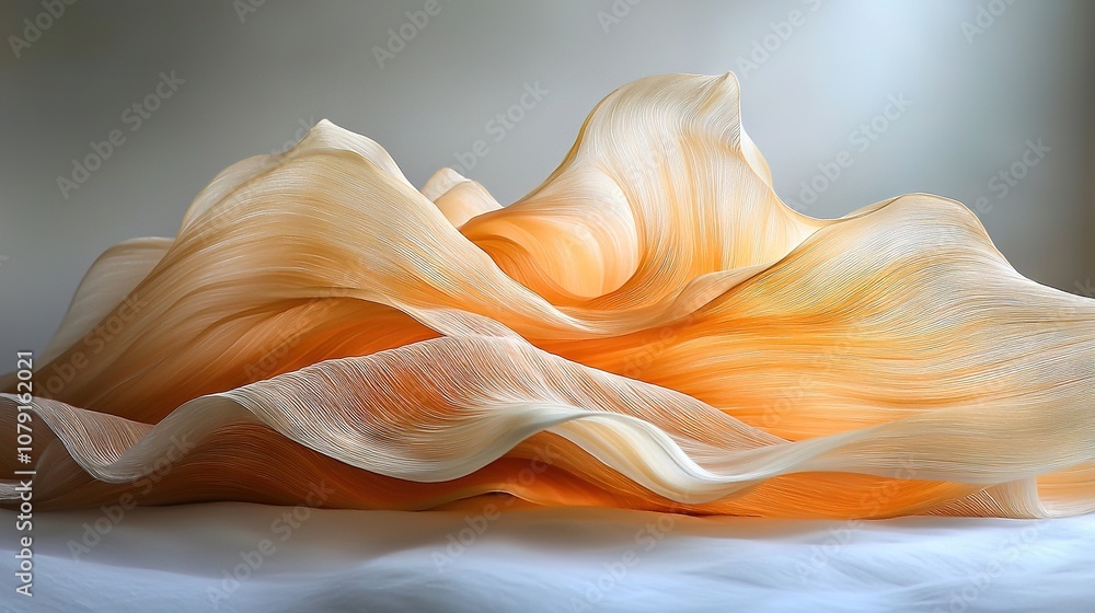 Poster a detailed image of an artifact resembling a bloom on a white canvas with a hazy backdrop