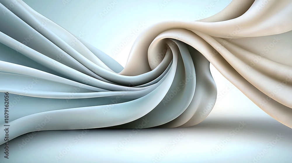 Poster a blue and white abstract background with a flowing white fabric at the base and a white fabric at t