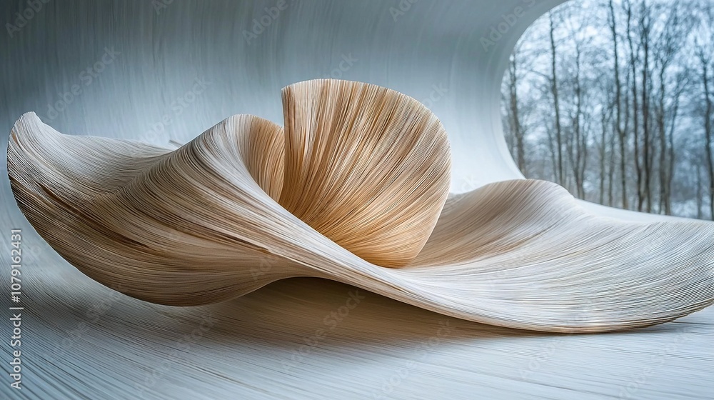 Poster a close-up of a curved object in a room with a tree in the background and a blurry image in the fore