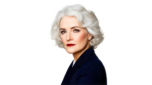 Confident older woman with silver hair, transparent or white isolated background.