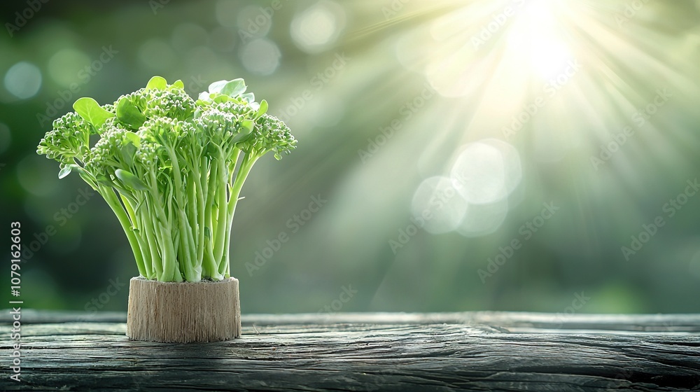Poster close-up of broccoli in vase on table with sunlight illuminating the background