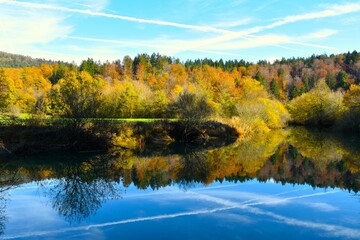 Fototapeta premium View of Jezerščica river at Cerkniško jezero lake with an autumn orange and yellow colored forest above in Notranjska, Slovenia