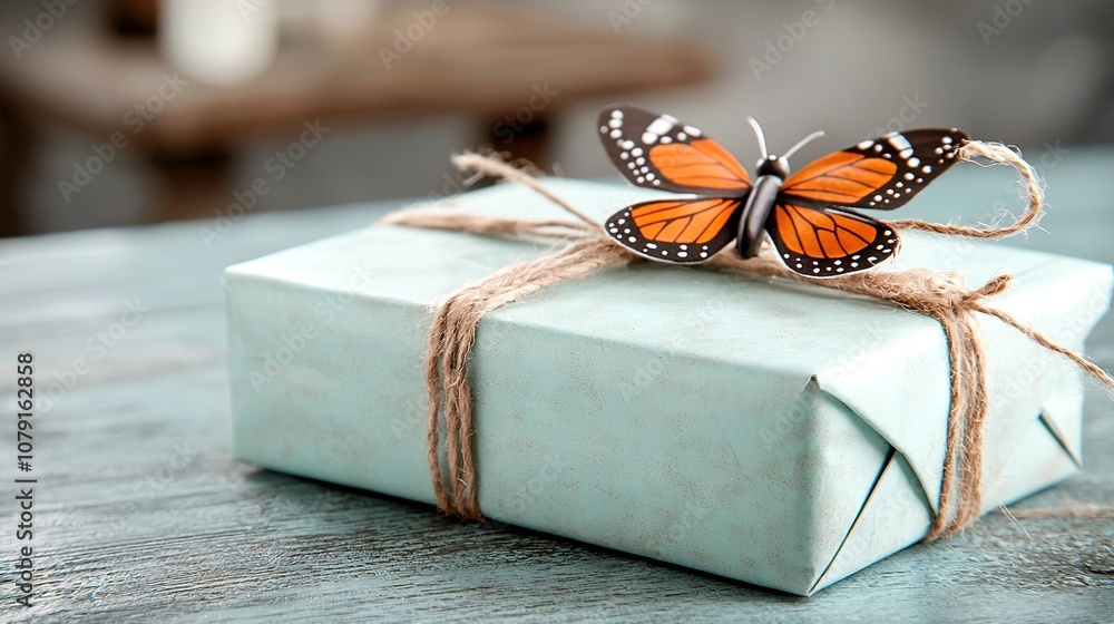 Poster a close-up of a box on a table with a butterfly perched atop it and a string of twine adorning it