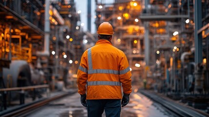 engineer standing in the middle of an industrial complex, surrounded by tall metal structures and pipes