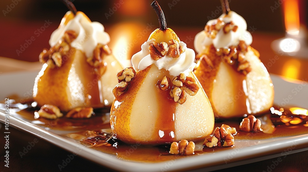 Poster a white plate adorned with three pear slices smothered in caramel sauce and garnished with pecans re