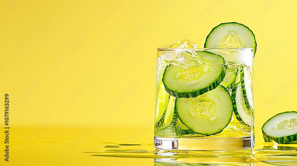 Poster a cucumber-filled glass rests on a table alongside a single cucumber slice