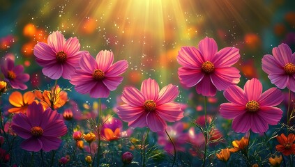A field of pink and orange cosmos flowers in bloom with sunlight streaming through them.