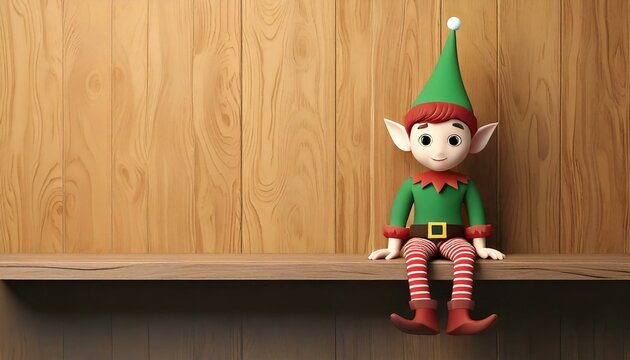 A cute elf toy sitting on a wooden shelf attached to a wooden wall