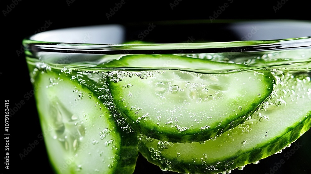 Aufkleber a zoomed-in image of a clear glass filled with thinly sliced cucumber on a dark background