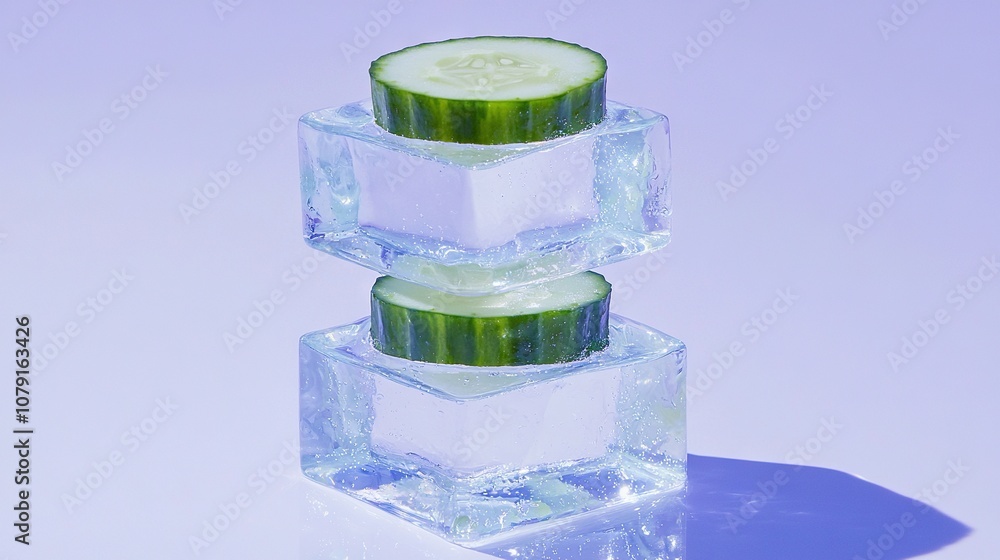 Poster a cucumber sits on top of ice cubes on top of a white table, next to another cucumber