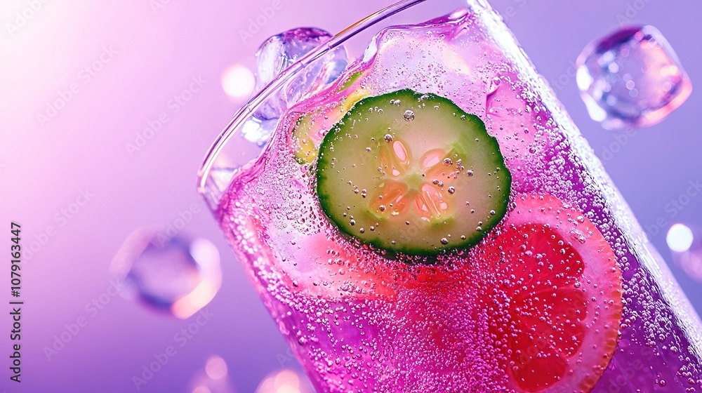 Aufkleber a close-up photo of a refreshing drink featuring a cucumber nestled inside and encircled by shimmeri