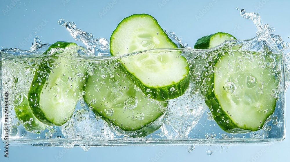 Aufkleber a cluster of cucumbers submerged in water with air pockets on a teal canvas and a small wave drippin