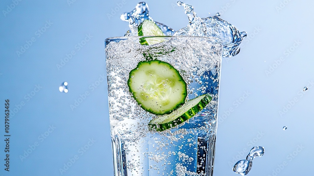 Poster cucumber in water, with sliced cucumber in center