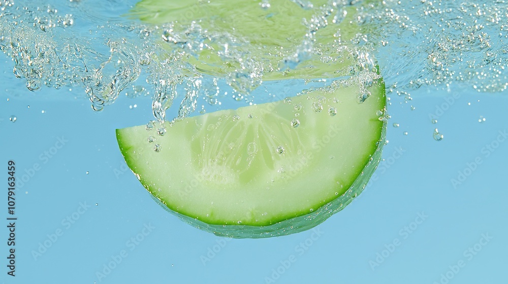 Poster a watermelon slice floating in water with splashes on top and bottom