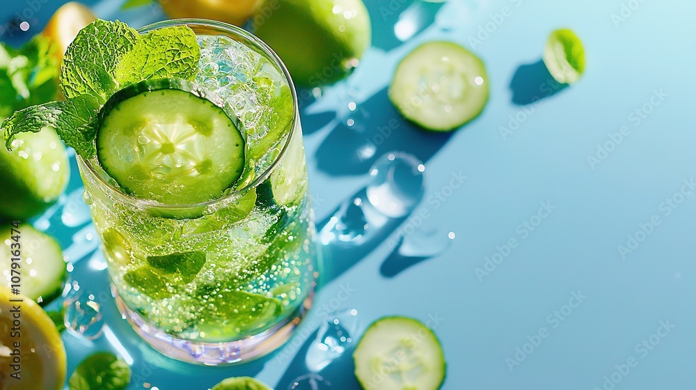 Poster a cucumber in a glass, surrounded by sliced cucumbers and limes on a blue background