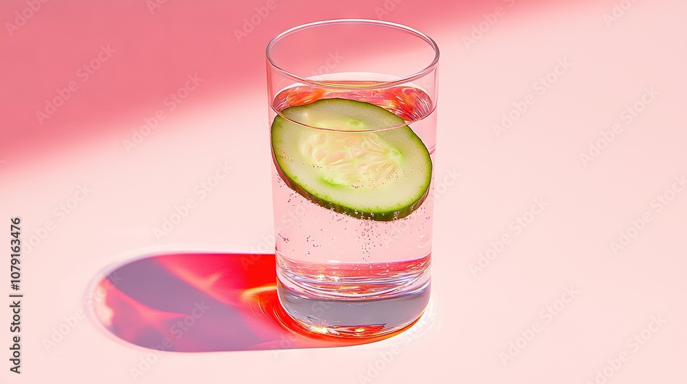 Poster a glass of water containing a cucumber slice and casts a shadow next to it