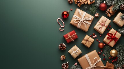 Wrapped gifts with pine branches and ornaments sit on a green background