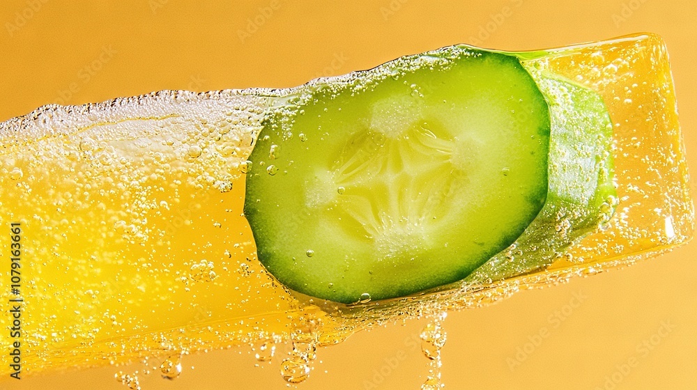 Poster a cucumber slice atop yellow liquid beside another cucumber slice