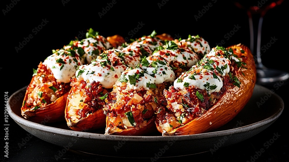 Poster a plate of food is closely displayed on a table with two glasses of wine positioned next to each oth