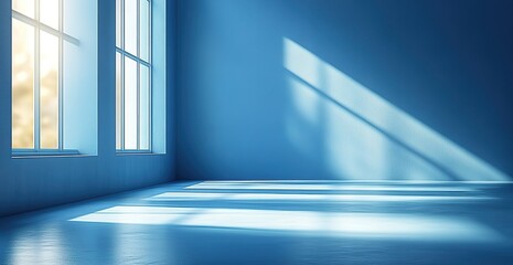 Obraz premium Sunlight streams through two windows in a minimalist blue room, casting long shadows on the floor.